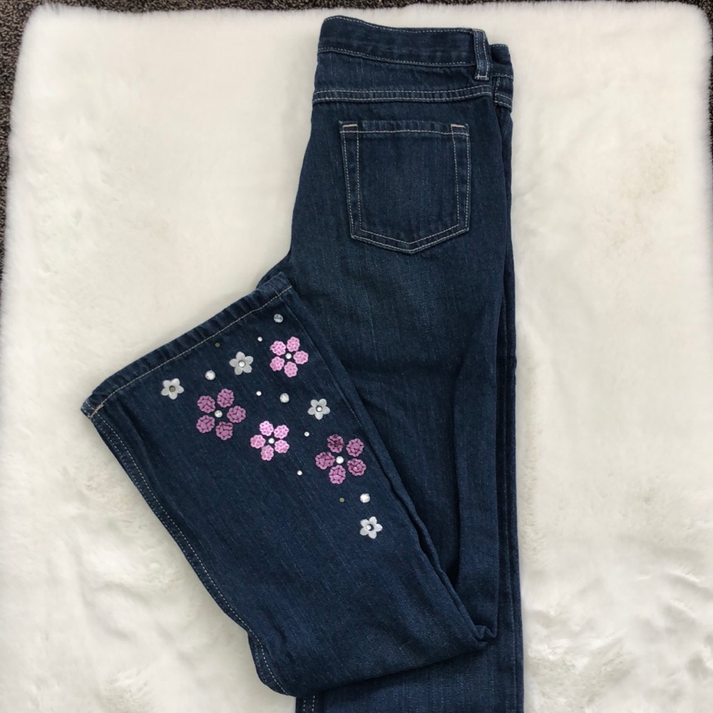 NW0T Gymboree girls dark denim floral decals with rhinestone centres jea…